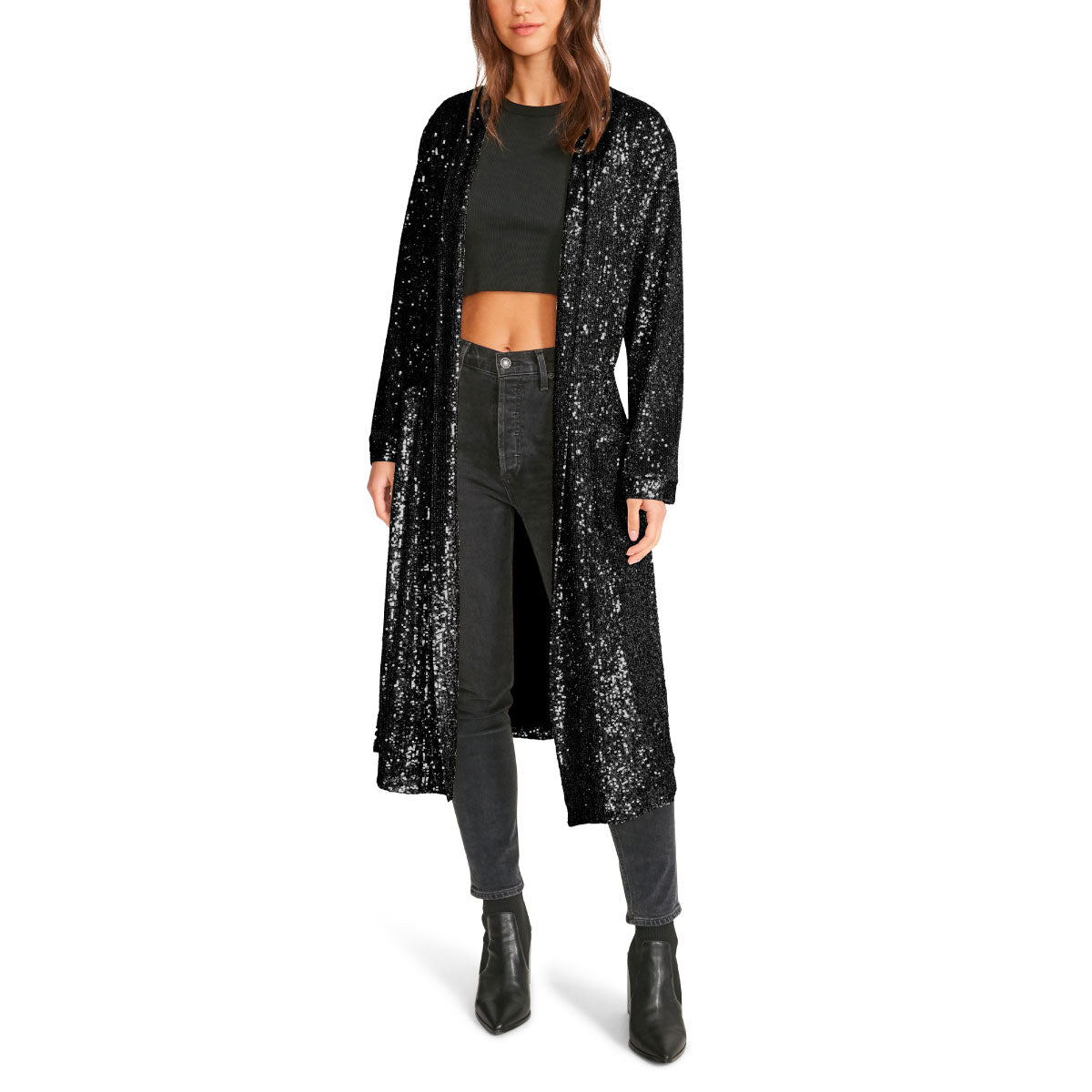 Steve Madden Show Stopper Sequin Duster Jacket black front | MILK MONEY milkmoney.co | cute jackets for women. cute coats. cool jackets for women. stylish jackets for women. trendy jackets for women. trendy womens coats.