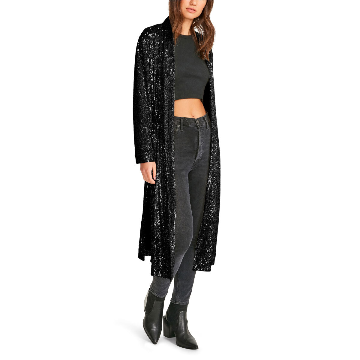 Steve Madden Show Stopper Sequin Duster Jacket black side | MILK MONEY milkmoney.co | cute jackets for women. cute coats. cool jackets for women. stylish jackets for women. trendy jackets for women. trendy womens coats.
