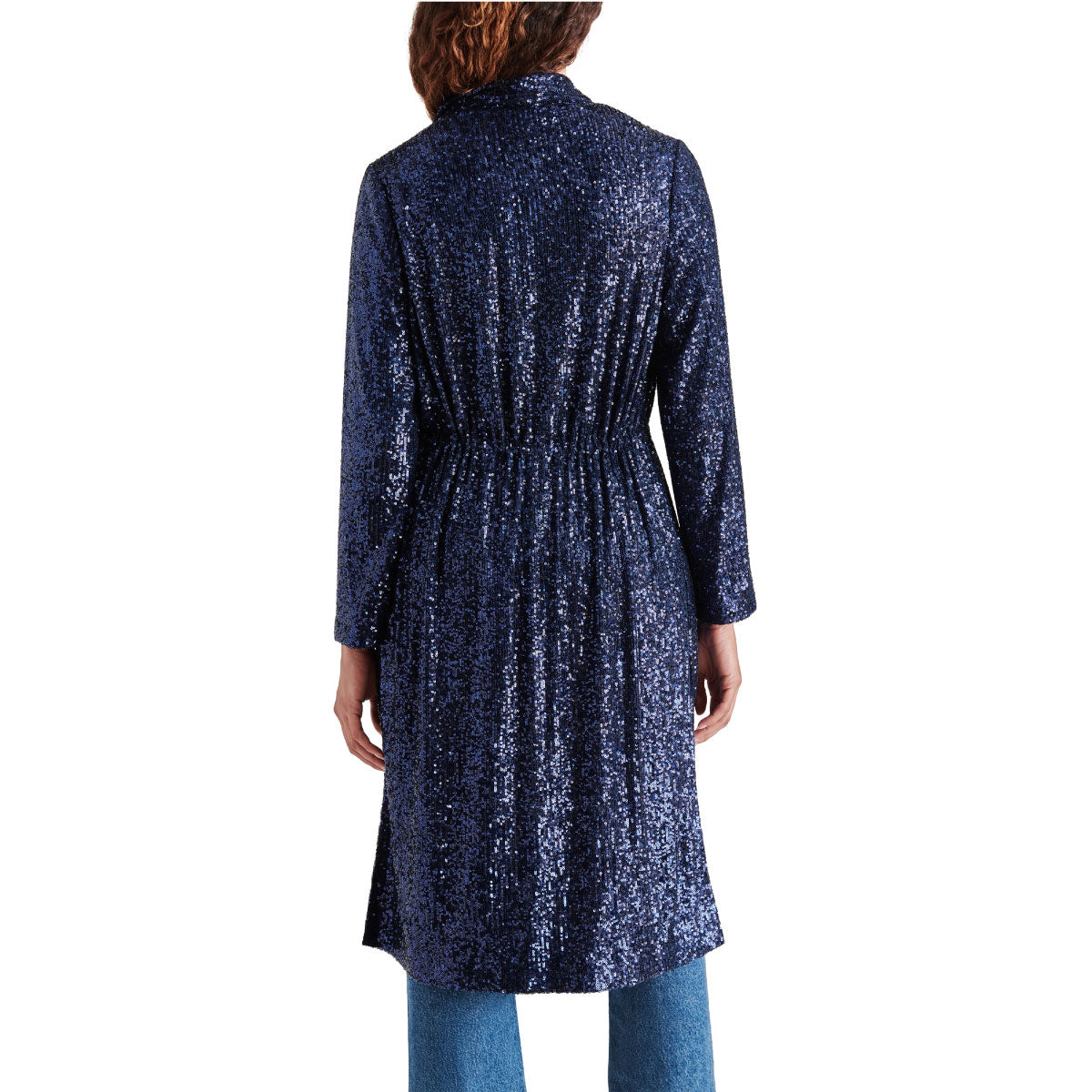 Steve Madden Show Stopper Sequin Duster Jacket blue back | MILK MONEY milkmoney.co | cute jackets for women. cute coats. cool jackets for women. stylish jackets for women. trendy jackets for women. trendy womens coats.