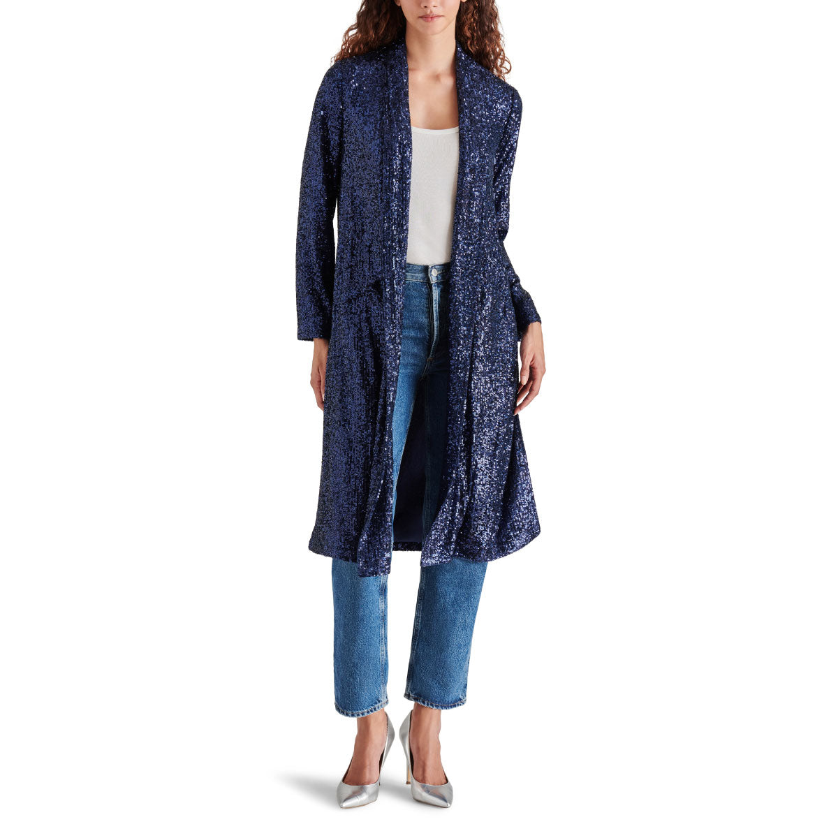 Steve Madden Show Stopper Sequin Duster Jacket blue front | MILK MONEY milkmoney.co | cute jackets for women. cute coats. cool jackets for women. stylish jackets for women. trendy jackets for women. trendy womens coats.
