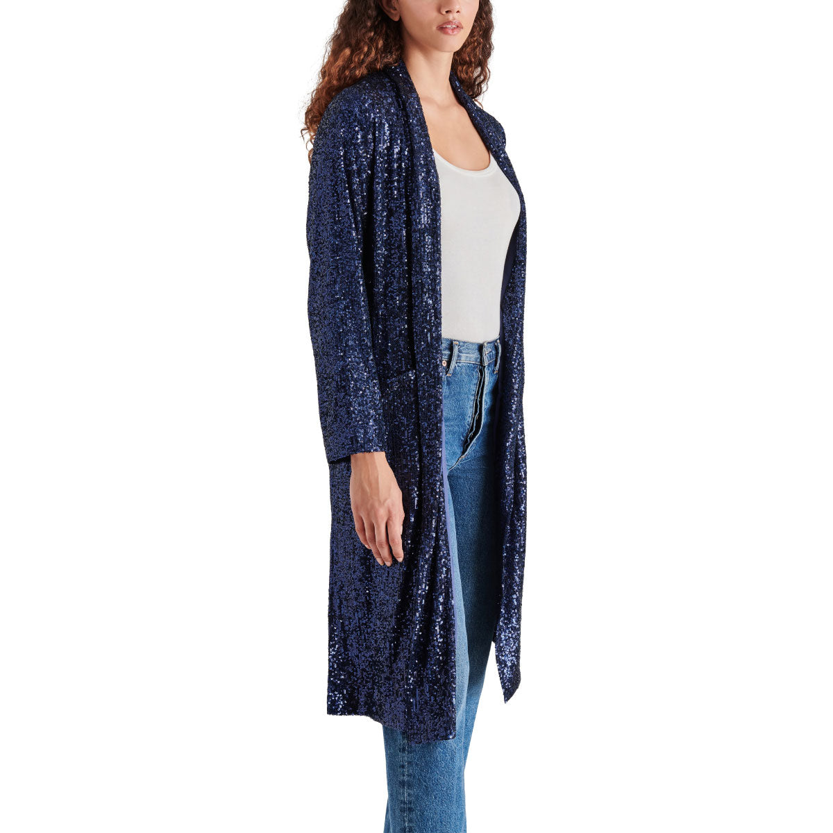 Steve Madden Show Stopper Sequin Duster Jacket blue side | MILK MONEY milkmoney.co | cute jackets for women. cute coats. cool jackets for women. stylish jackets for women. trendy jackets for women. trendy womens coats.