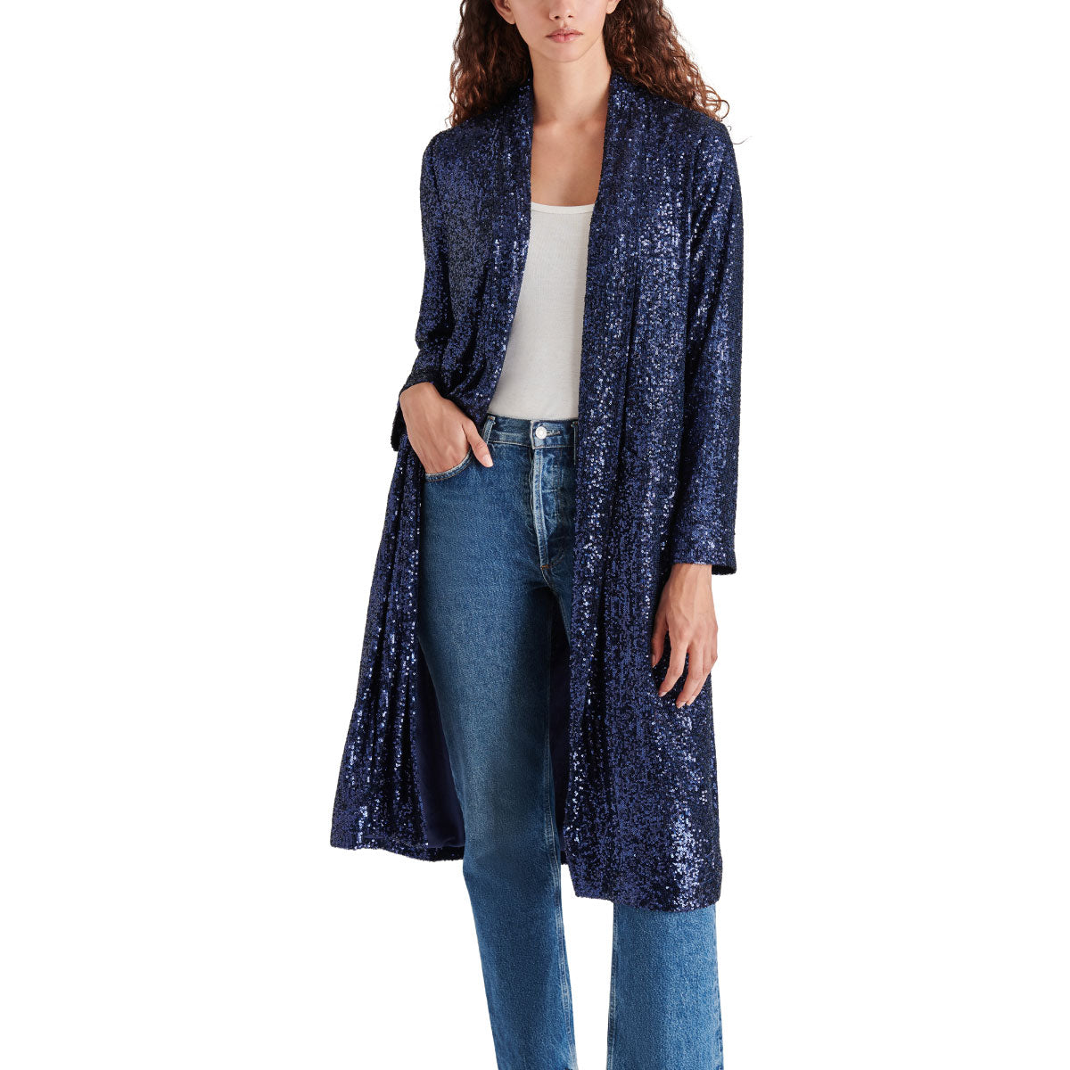 Steve Madden Show Stopper Sequin Duster Jacket blue front | MILK MONEY milkmoney.co | cute jackets for women. cute coats. cool jackets for women. stylish jackets for women. trendy jackets for women. trendy womens coats.