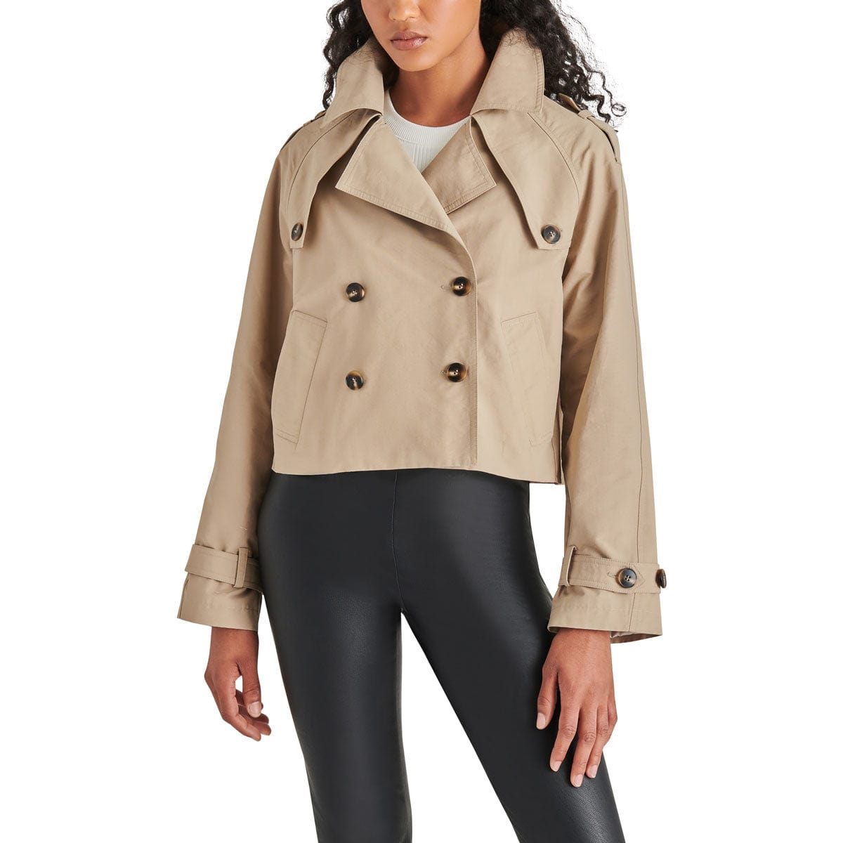 Steve Madden Sirus Cropped Double-Breasted Trench Jacket khaki front | MILK MONEY milkmoney.co | cute jackets for women, cute coats. cool jackets for women, stylish jackets for women, trendy jackets for women, trendy womens coats.