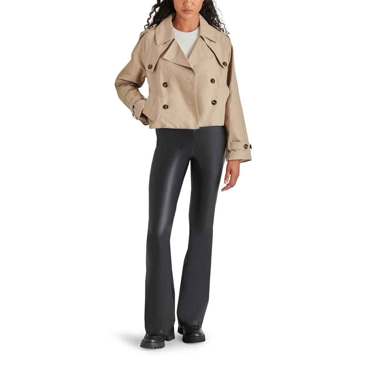 Steve Madden Sirus Cropped Double-Breasted Trench Jacket khaki front | MILK MONEY milkmoney.co | cute jackets for women, cute coats. cool jackets for women, stylish jackets for women, trendy jackets for women, trendy womens coats.