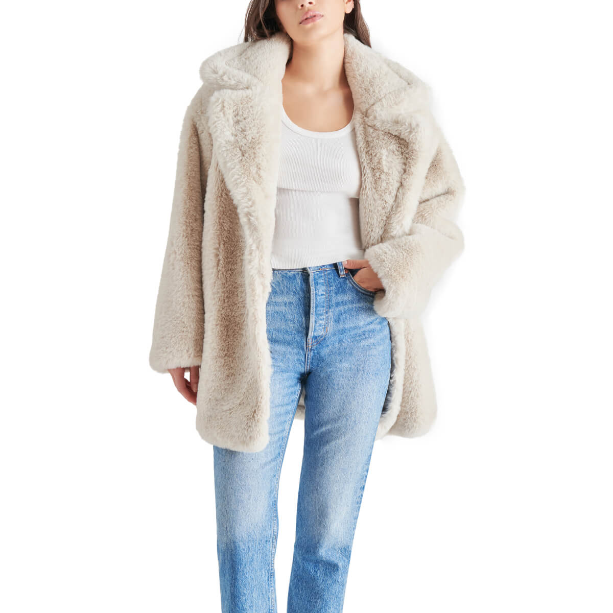 Steve Madden Snow Faux Fur Coat white front | MILK MONEY milkmoney.co | cute jackets for women. cute coats. cool jackets for women. stylish jackets for women. trendy jackets for women. trendy womens coats.
