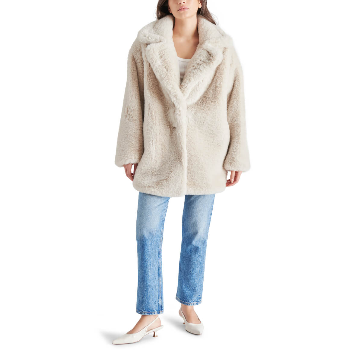 Steve Madden Snow Faux Fur Coat white front | MILK MONEY milkmoney.co | cute jackets for women. cute coats. cool jackets for women. stylish jackets for women. trendy jackets for women. trendy womens coats.