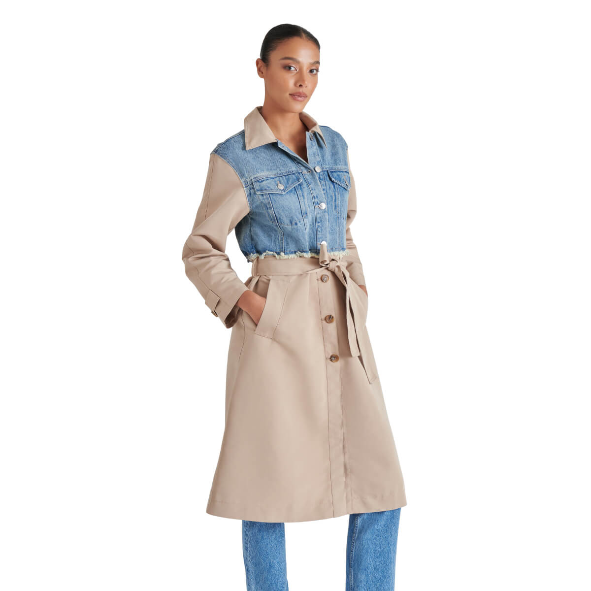 Steve Madden Soraya Mixed Media Coat side brown | MILK MONEY milkmoney.co | cute jackets for women. cute coats. cool jackets for women. stylish jackets for women. trendy jackets for women. trendy womens coats.