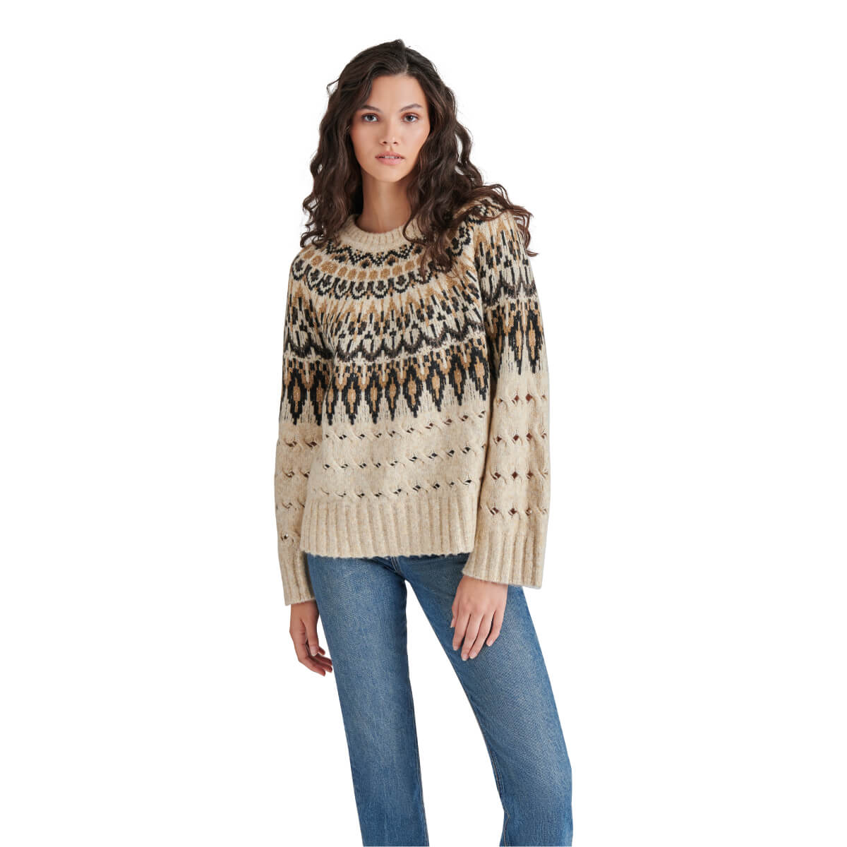Steve Madden Suzette Cable Knit Fair Isle Sweater ivory front | MILK MONEY milkmoney.co | cute tops for women. trendy tops for women. cute blouses for women. stylish tops for women. pretty womens tops.