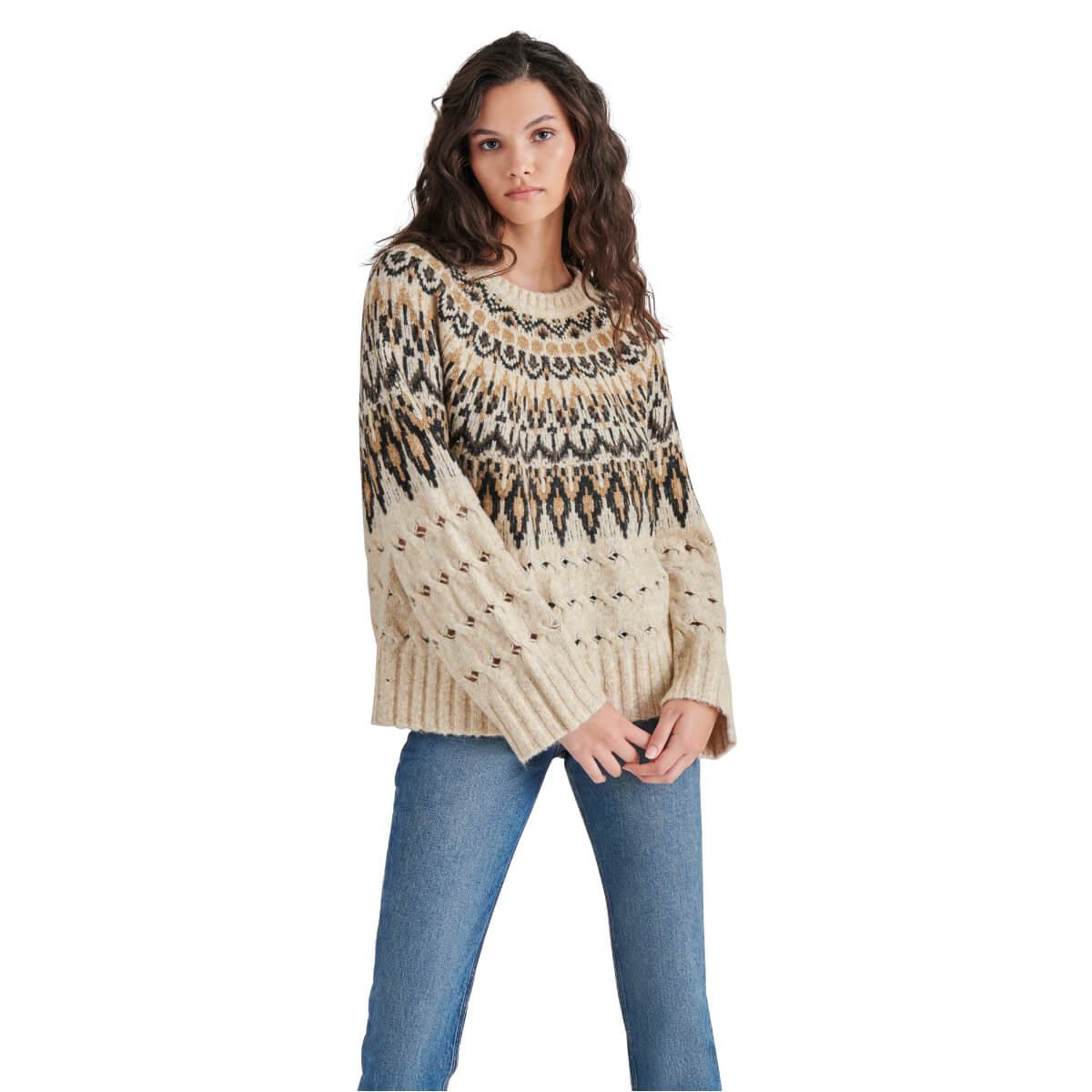 Steve Madden Suzette Cable Knit Fair Isle Sweater ivory front | MILK MONEY milkmoney.co | cute tops for women. trendy tops for women. cute blouses for women. stylish tops for women. pretty womens tops.