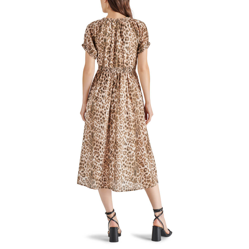 Steve Madden Tahlia Animal Print Midi Dress brown back | MILK MONEY milkmoney.co | cute clothes for women. womens online clothing. trendy online clothing stores. womens casual clothing online. trendy clothes online. trendy women's clothing online. ladies online clothing stores. trendy women's clothing stores. cute female clothes.