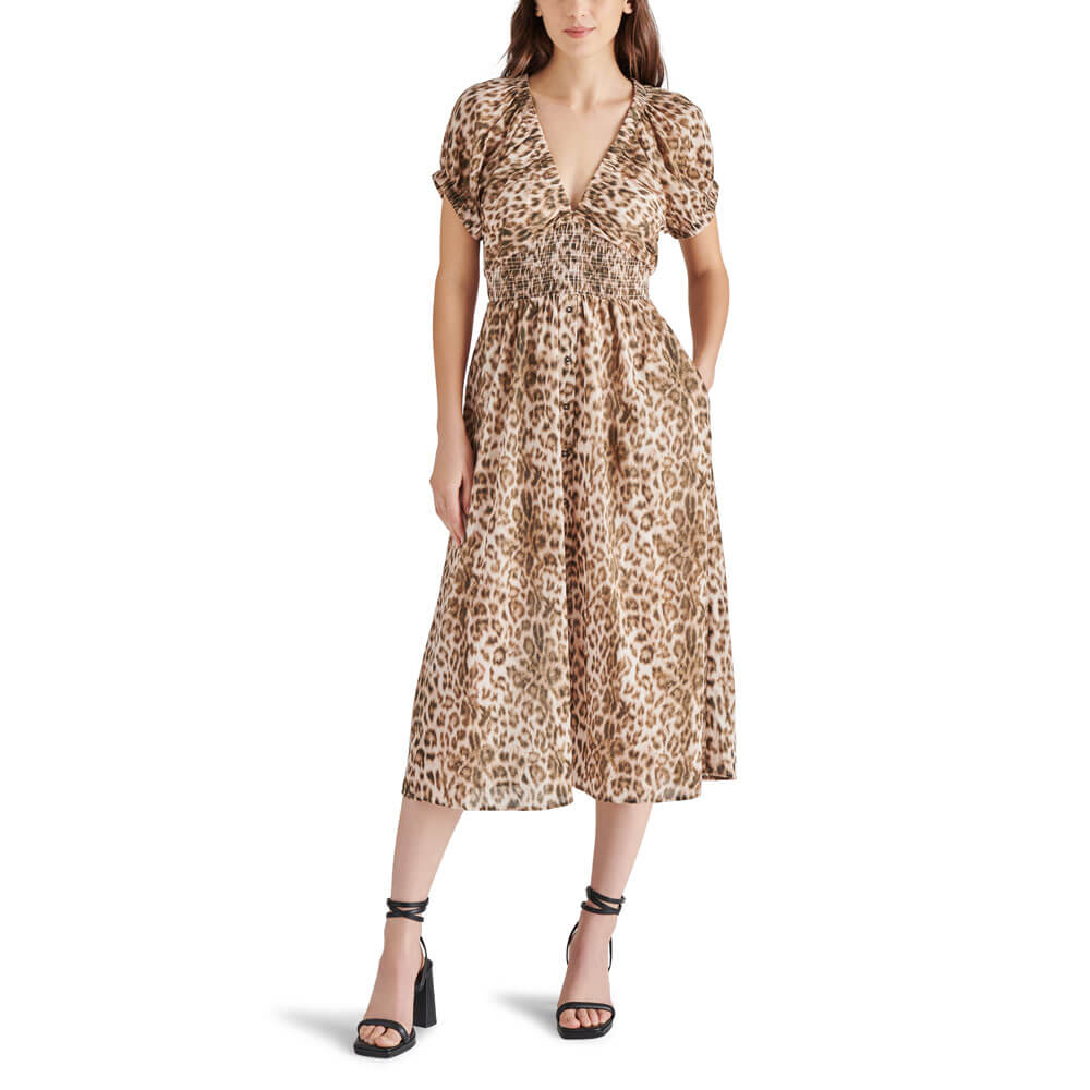Steve Madden Tahlia Animal Print Midi Dress brown front | MILK MONEY milkmoney.co | cute clothes for women. womens online clothing. trendy online clothing stores. womens casual clothing online. trendy clothes online. trendy women's clothing online. ladies online clothing stores. trendy women's clothing stores. cute female clothes.