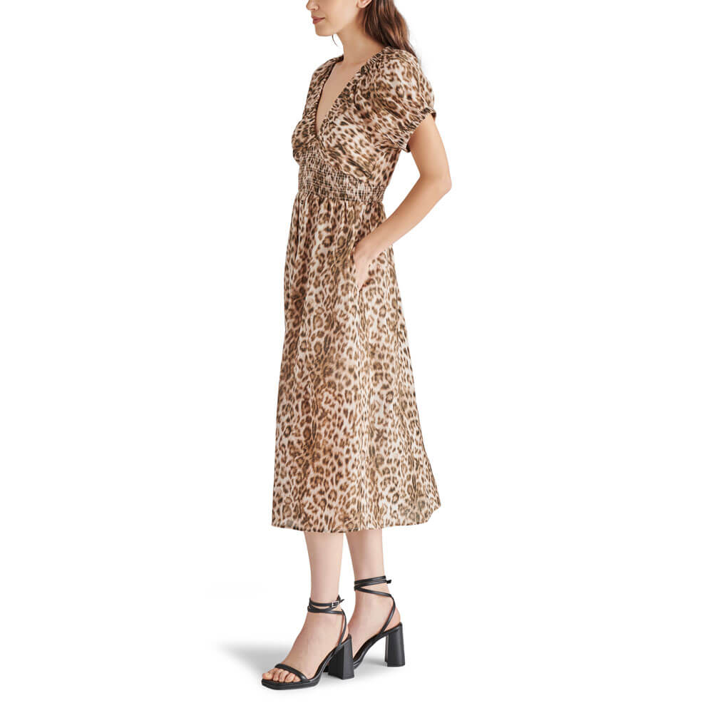 Steve Madden Tahlia Animal Print Midi Dress brown side | MILK MONEY milkmoney.co | cute clothes for women. womens online clothing. trendy online clothing stores. womens casual clothing online. trendy clothes online. trendy women's clothing online. ladies online clothing stores. trendy women's clothing stores. cute female clothes.