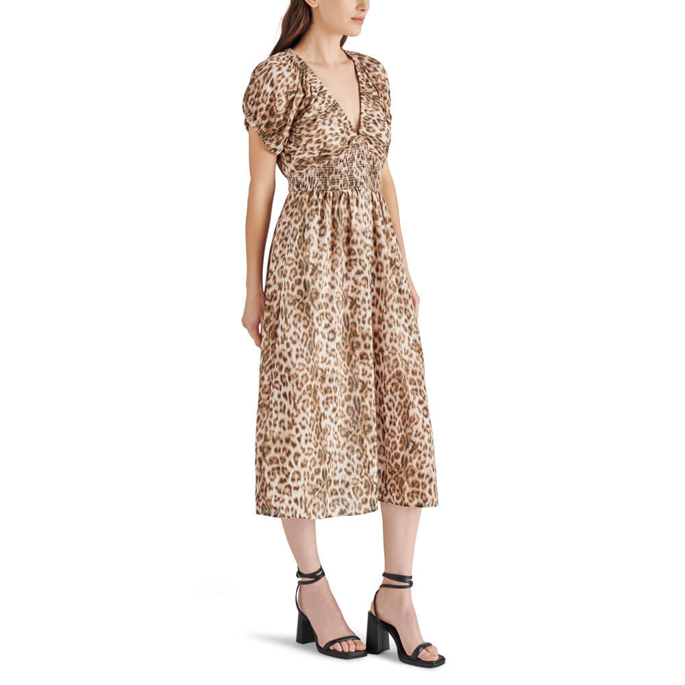 Steve Madden Tahlia Animal Print Midi Dress brown front | MILK MONEY milkmoney.co | cute clothes for women. womens online clothing. trendy online clothing stores. womens casual clothing online. trendy clothes online. trendy women's clothing online. ladies online clothing stores. trendy women's clothing stores. cute female clothes.