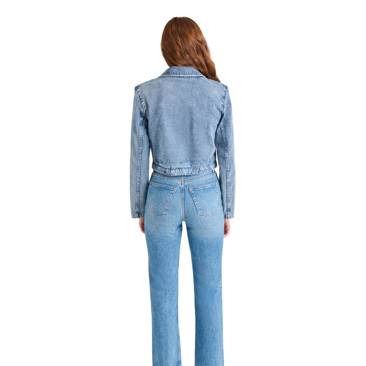 Steve Madden Tarin Denim Cropped Blazer back | MILK MONEY milkmoney.co | cute jackets for women. cute coats. cool jackets for women. stylish jackets for women. trendy jackets for women. trendy womens coats.