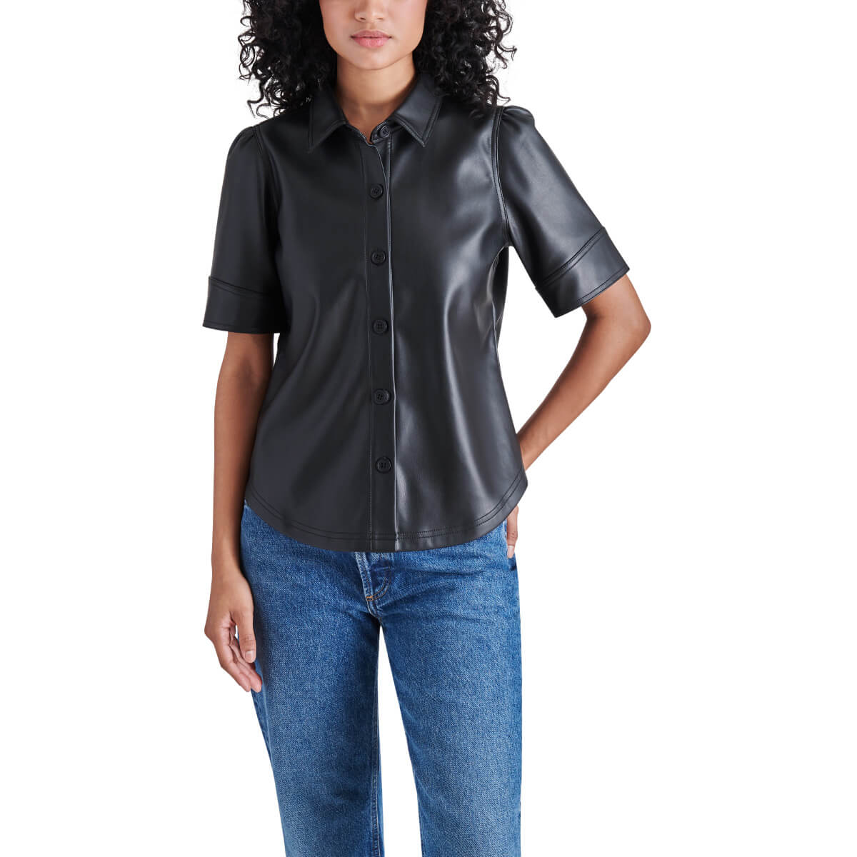 Steve Madden Virginia Faux Leather Top black front | MILK MONEY milkmoney.co | cute clothes for women. womens online clothing. trendy online clothing stores. womens casual clothing online. trendy clothes online. trendy women's clothing online. ladies online clothing stores. trendy women's clothing stores. cute female clothes.