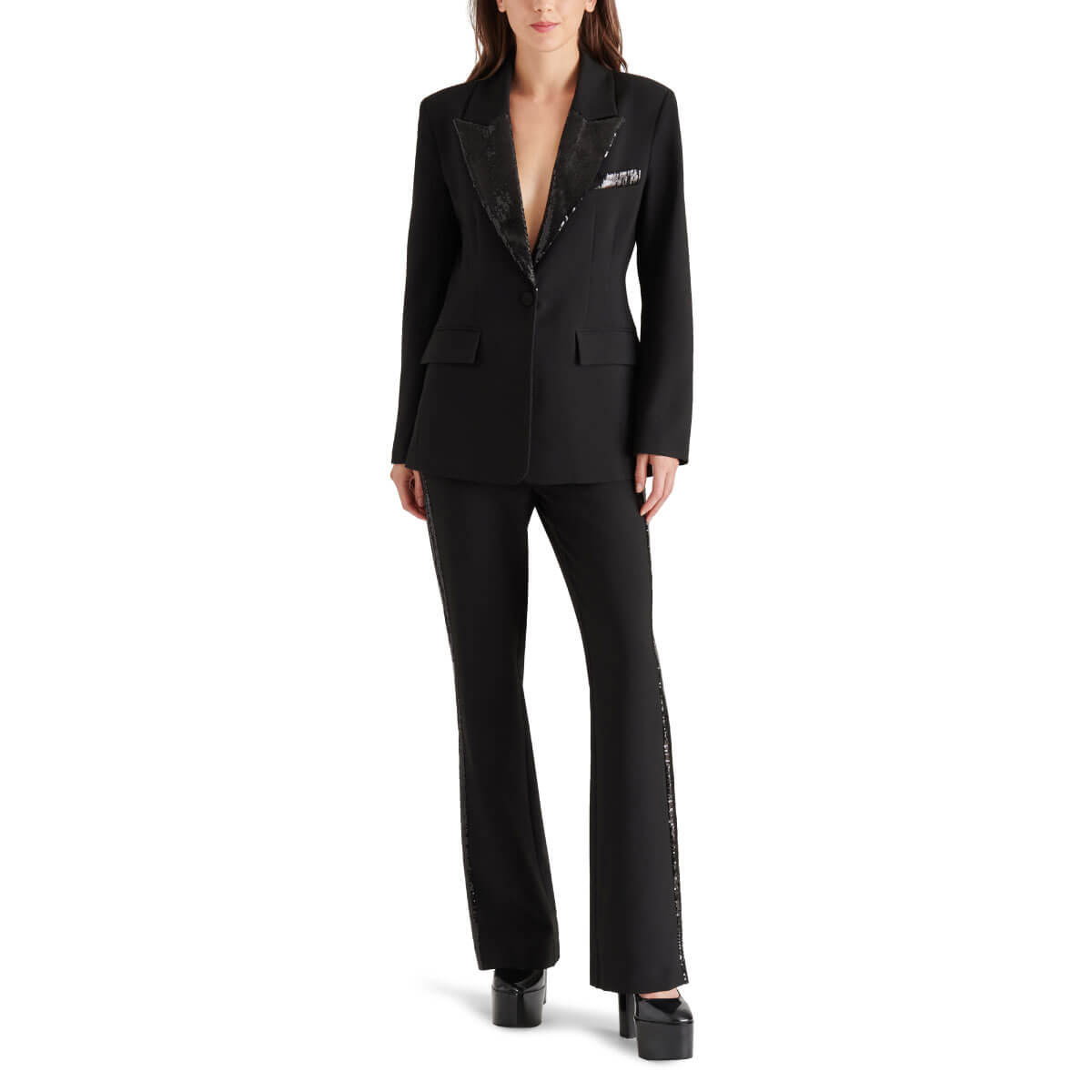 Steve Madden Waverly Mid Rise Kick-Flare Sequin Side Panel Pants black front | MILK MONEY milkmoney.co | cute pants for women. cute trendy pants.