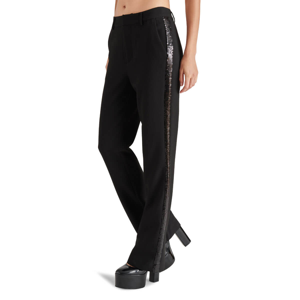 Steve Madden Waverly Mid Rise Kick-Flare Sequin Side Panel Pants black side | MILK MONEY milkmoney.co | cute pants for women. cute trendy pants.