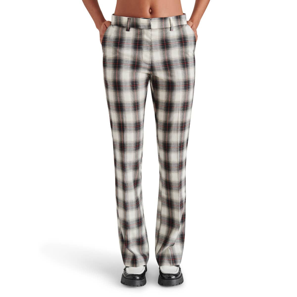 Steve Madden Waverly Plaid Print Mid Rise Kick Flare Trouser Pants white front | MILK MONEY milkmoney.co | cute pants for women. cute trendy pants.