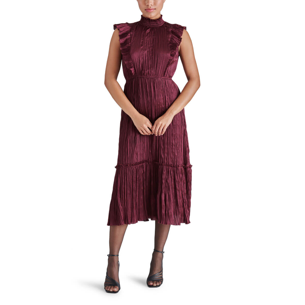 Steve Madden Wednesday Crinkle Satin Midi Dress wine front | MILK MONEY milkmoney.co | cute clothes for women. womens online clothing. trendy online clothing stores. womens casual clothing online. trendy clothes online. trendy women's clothing online. ladies online clothing stores. trendy women's clothing stores. cute female clothes.