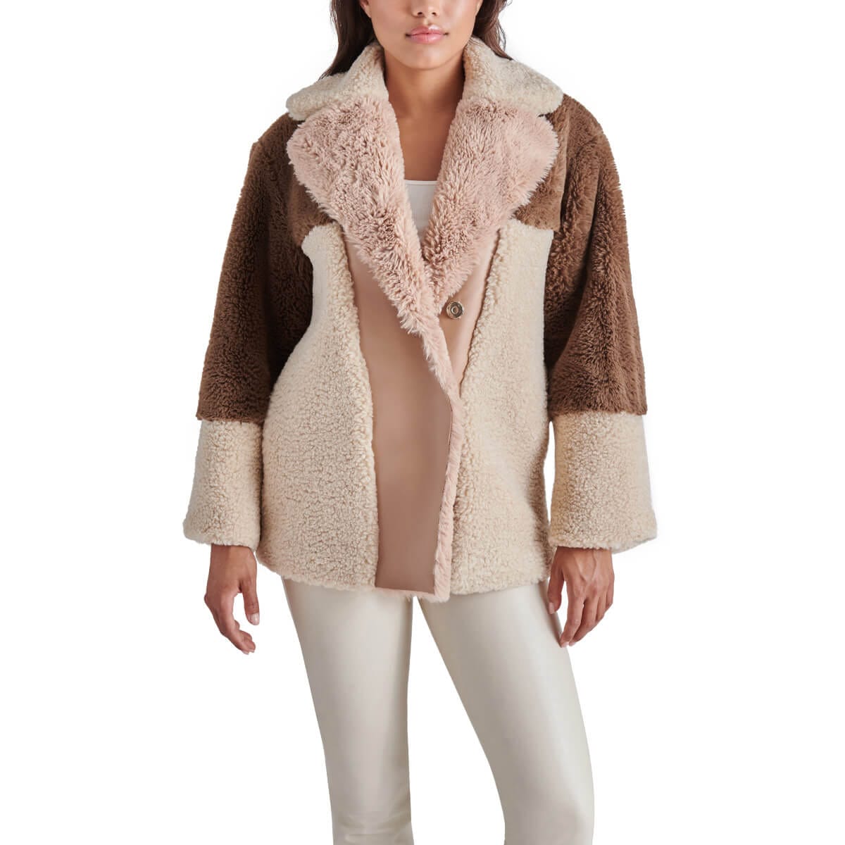 Steve Madden Willow Faux Fur Color Blocked Coat brown front | MILK MONEY milkmoney.co | cute jackets for women. cute coats. cool jackets for women. stylish jackets for women. trendy jackets for women. trendy womens coats.
