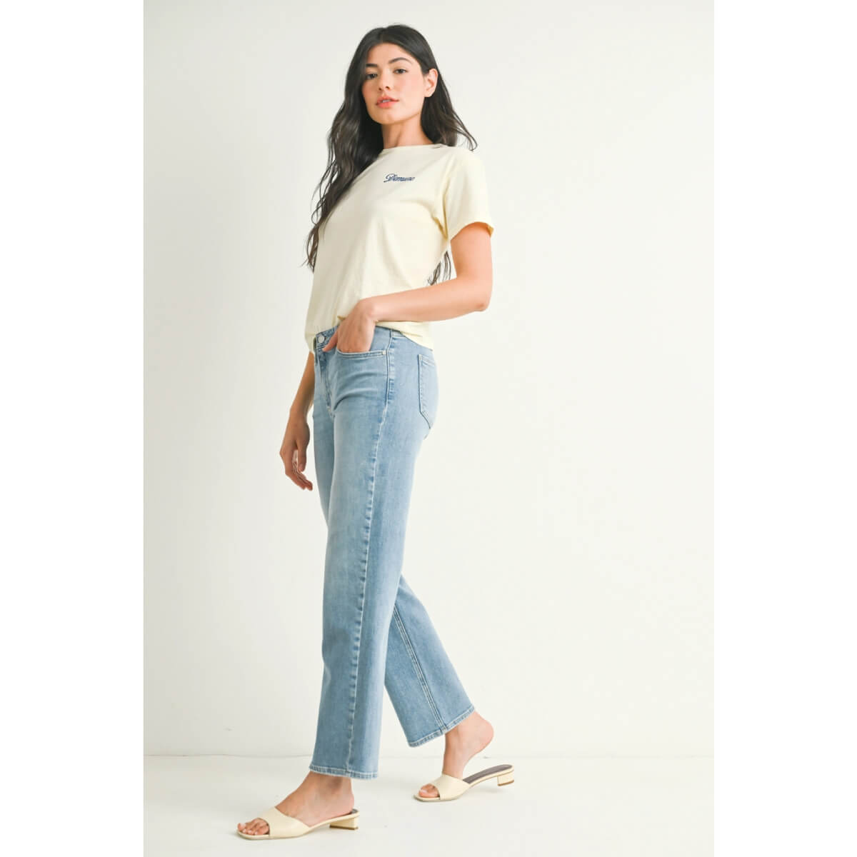 Stretchy Straight Leg Jean lt blue side | MILK MONEY milkmoney.co | cute clothes for women. womens online clothing. trendy online clothing stores. womens casual clothing online. trendy clothes online. trendy women's clothing online. ladies online clothing stores. trendy women's clothing stores. cute female clothes.