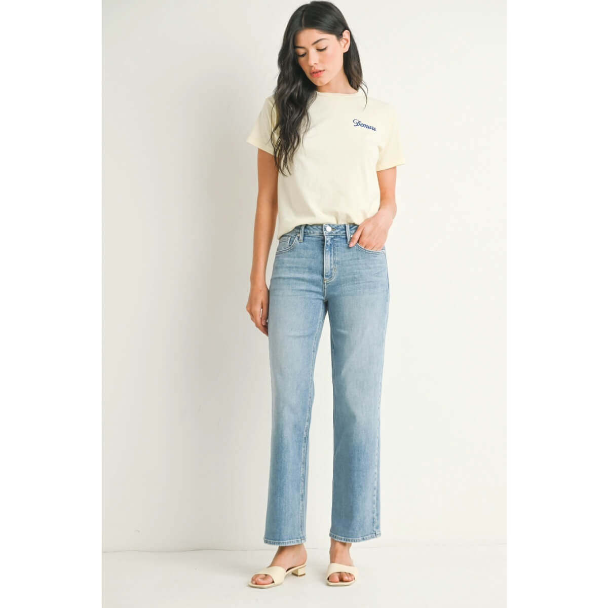 Stretchy Straight Leg Jean lt blue front | MILK MONEY milkmoney.co | cute clothes for women. womens online clothing. trendy online clothing stores. womens casual clothing online. trendy clothes online. trendy women's clothing online. ladies online clothing stores. trendy women's clothing stores. cute female clothes.