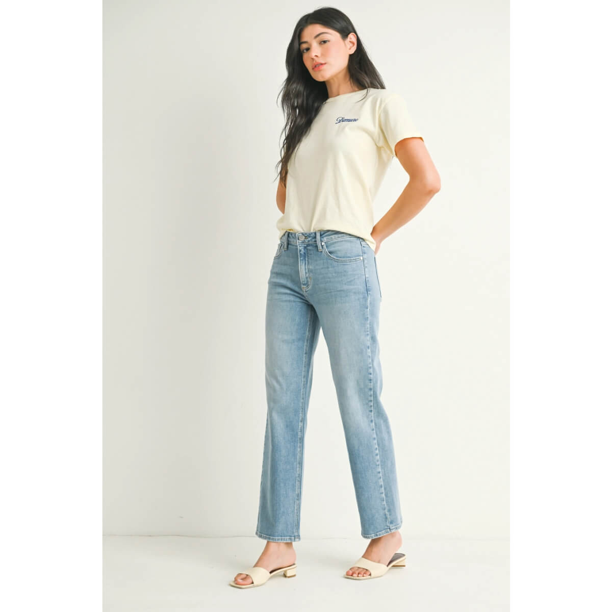 Stretchy Straight Leg Jean lt blue front | MILK MONEY milkmoney.co | cute clothes for women. womens online clothing. trendy online clothing stores. womens casual clothing online. trendy clothes online. trendy women's clothing online. ladies online clothing stores. trendy women's clothing stores. cute female clothes.