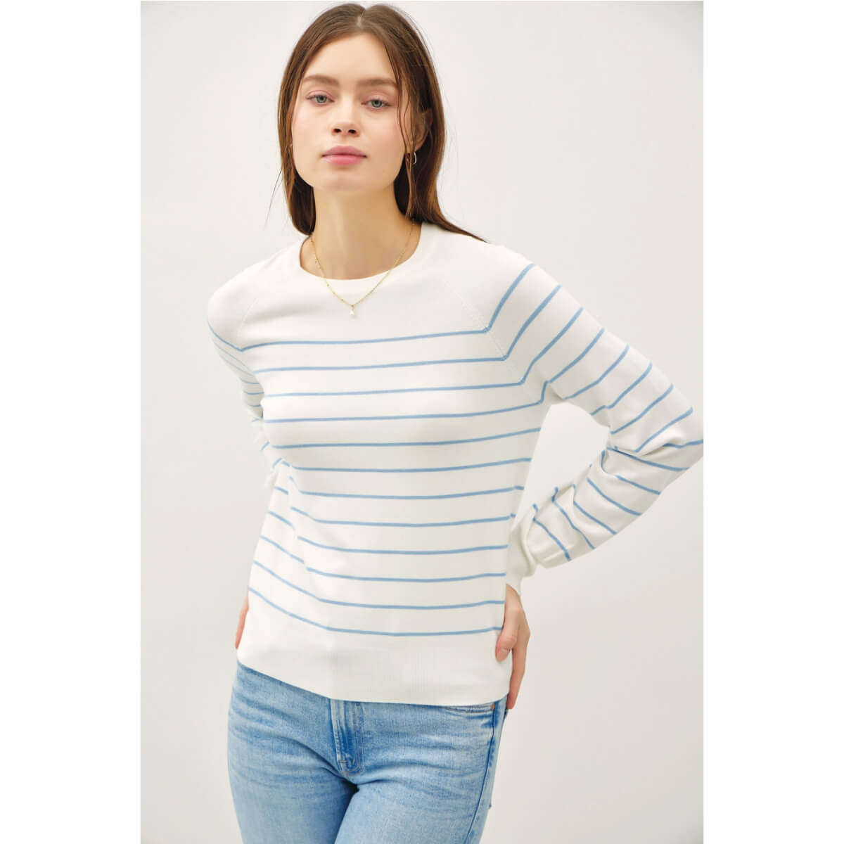 Striped Crew Neck Sweater Top blue front | MILK MONEY milkmoney.co | cute tops for women. trendy tops for women. cute blouses for women. stylish tops for women. pretty womens tops.