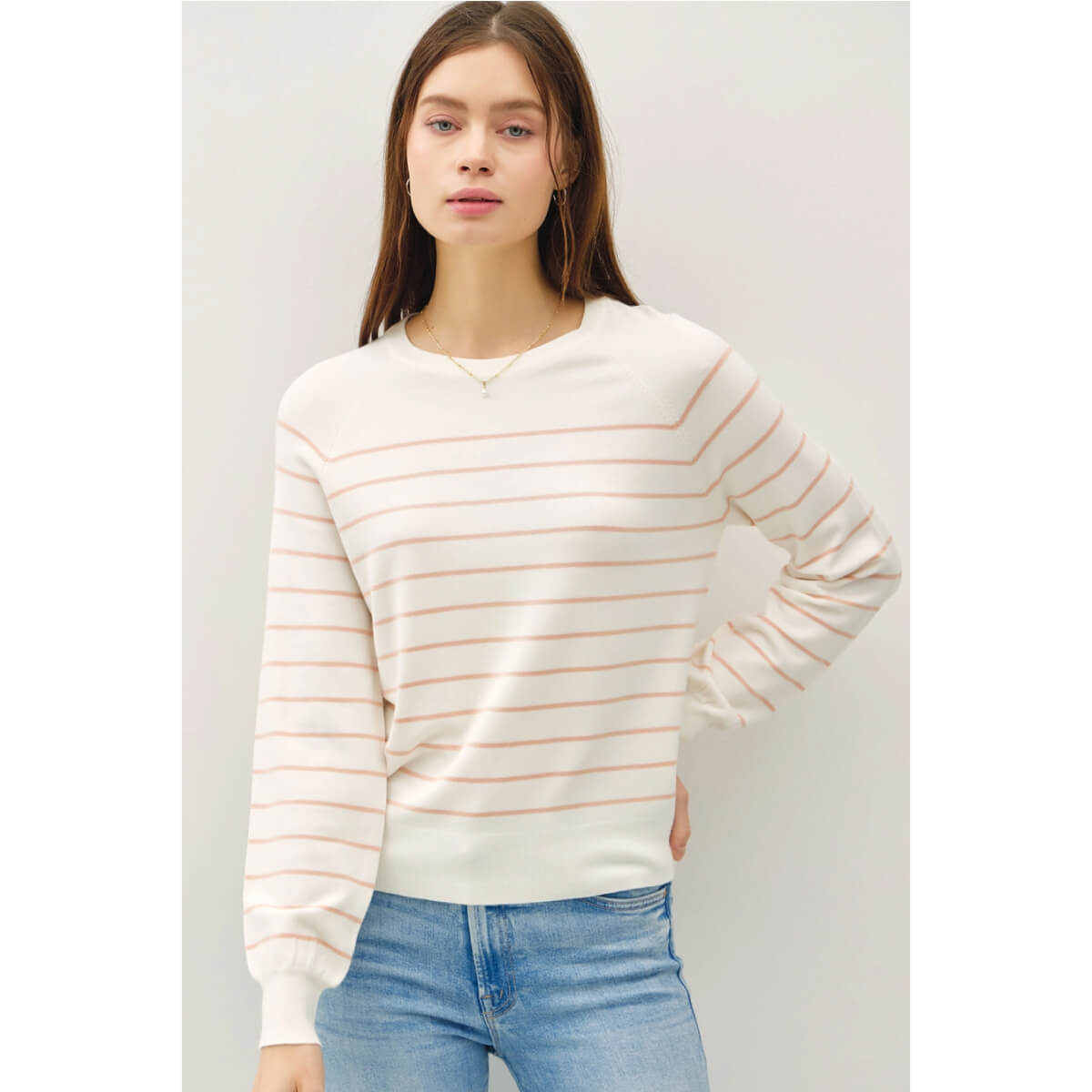 Striped Crew Neck Sweater Top peach front | MILK MONEY milkmoney.co | cute tops for women. trendy tops for women. cute blouses for women. stylish tops for women. pretty womens tops.