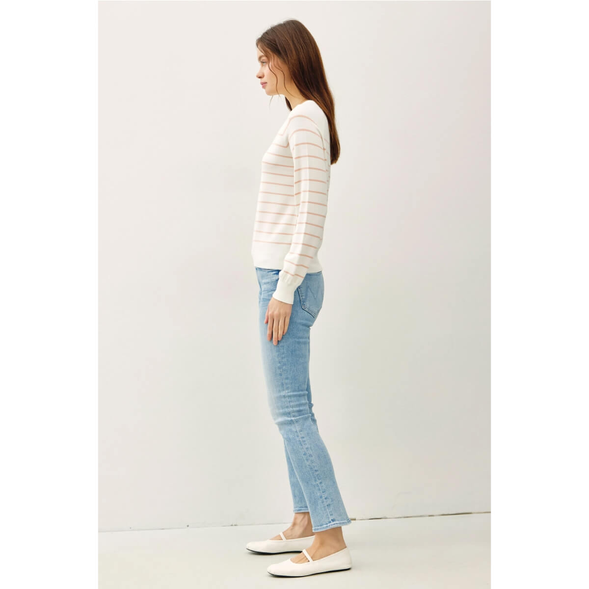 Striped Crew Neck Sweater Top peach side | MILK MONEY milkmoney.co | cute tops for women. trendy tops for women. cute blouses for women. stylish tops for women. pretty womens tops.