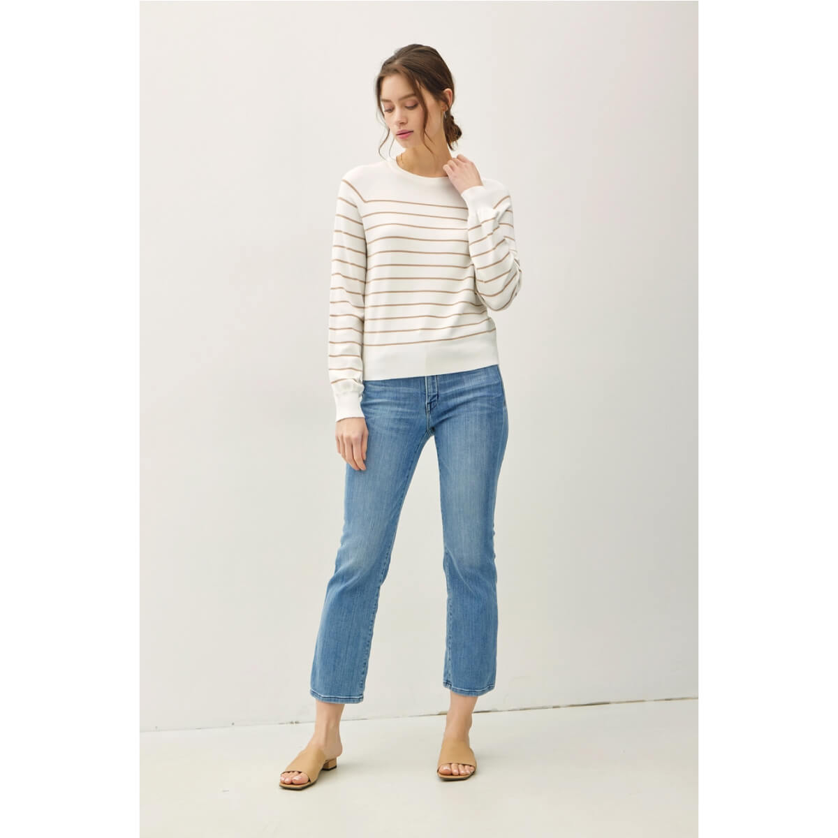 Striped Crew Neck Sweater Top taupe front | MILK MONEY milkmoney.co | cute tops for women. trendy tops for women. cute blouses for women. stylish tops for women. pretty womens tops.