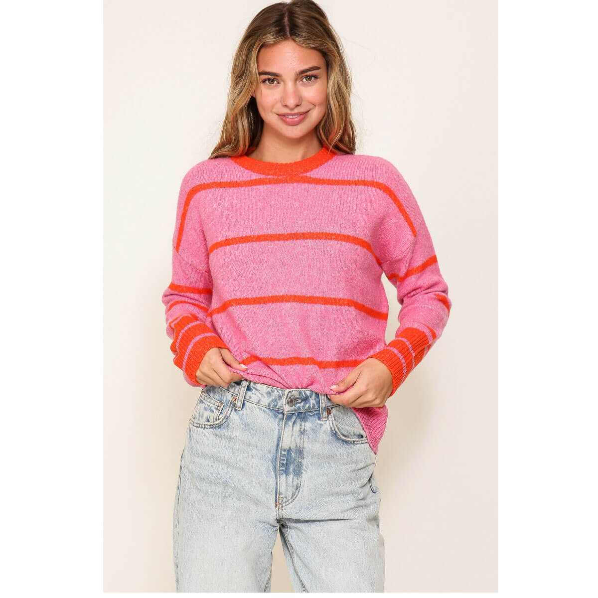 Striped Crew Neck Sweater pink front | MILK MONEY milkmoney.co | cute sweaters for women, cute knit sweaters, cute pullover sweaters