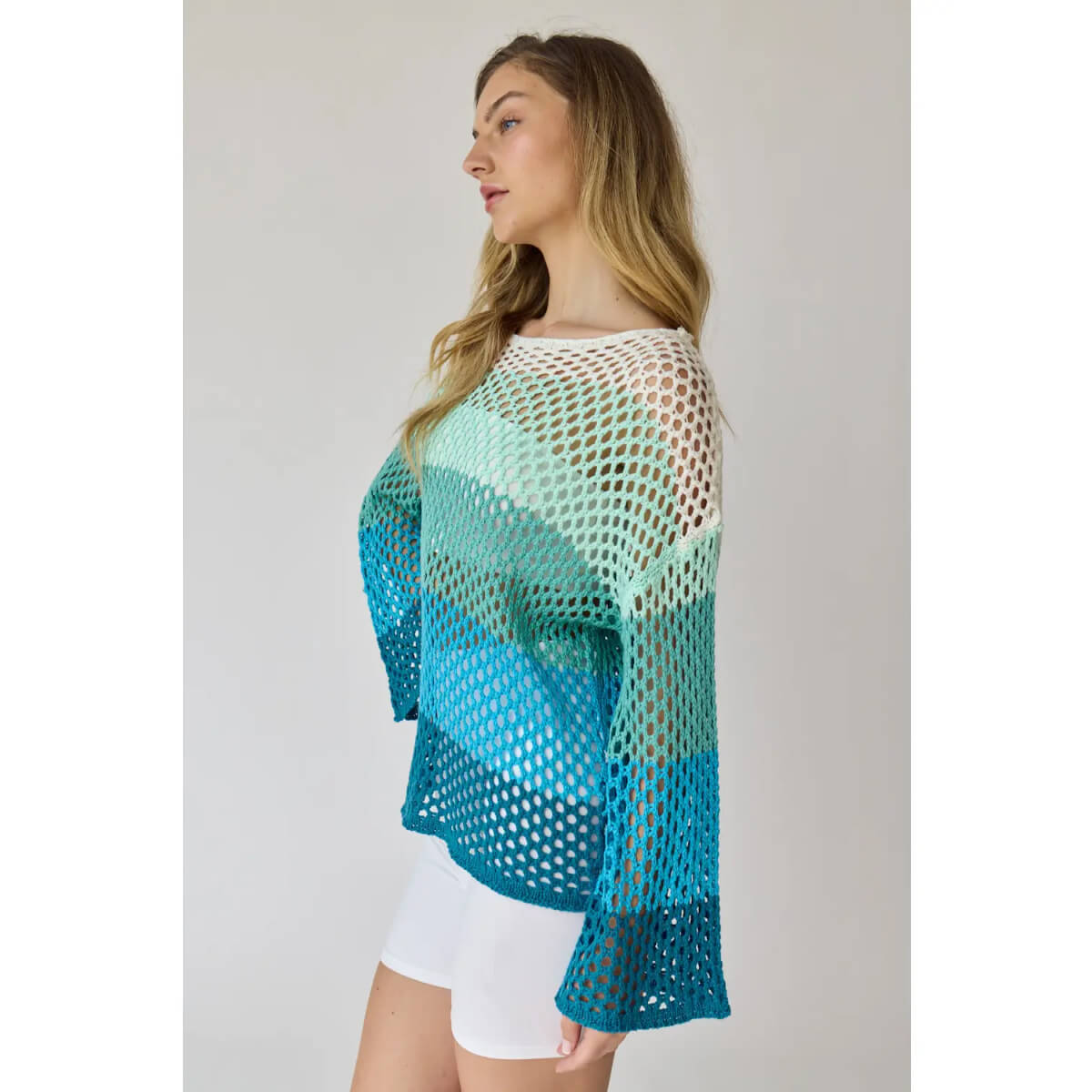 Striped Crochet Knit Top blue side | MILK MONEY milkmoney.co | cute clothes for women. womens online clothing. trendy online clothing stores. womens casual clothing online. trendy clothes online. trendy women's clothing online. ladies online clothing stores. trendy women's clothing stores. cute female clothes.