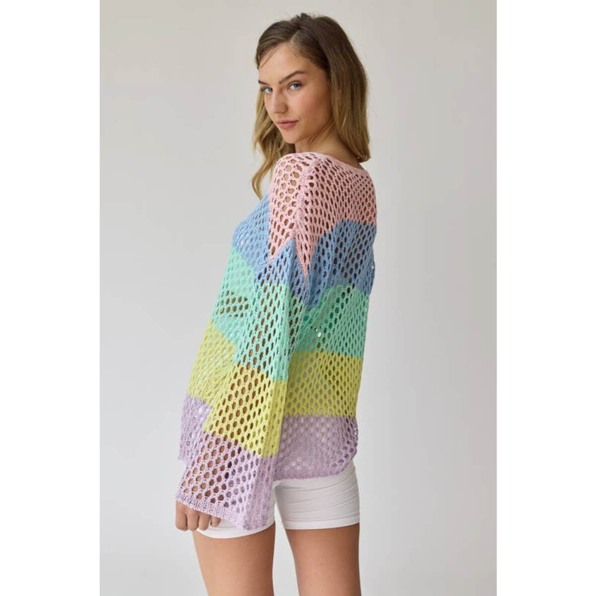 Striped Crochet Knit Top pastel back | MILK MONEY milkmoney.co | cute clothes for women. womens online clothing. trendy online clothing stores. womens casual clothing online. trendy clothes online. trendy women's clothing online. ladies online clothing stores. trendy women's clothing stores. cute female clothes.