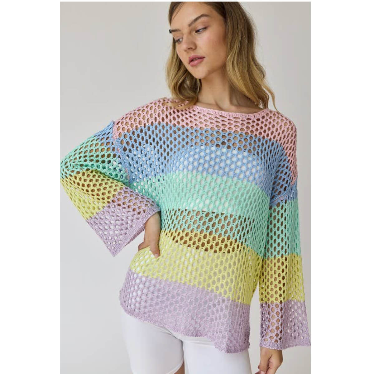 Striped Crochet Knit Top pastel front | MILK MONEY milkmoney.co | cute clothes for women. womens online clothing. trendy online clothing stores. womens casual clothing online. trendy clothes online. trendy women's clothing online. ladies online clothing stores. trendy women's clothing stores. cute female clothes.