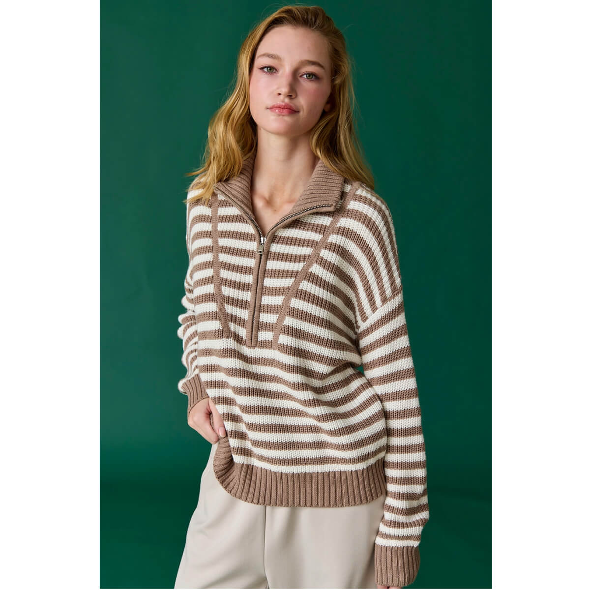 Striped Half-Zip Stripe Sweater brown front | MILK MONEY milkmoney.co | cute tops for women. trendy tops for women. cute blouses for women. stylish tops for women. pretty womens tops.