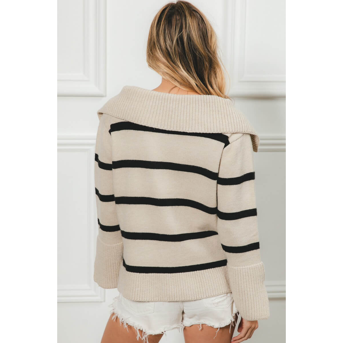 Striped Knit Collared V-Neck Top beige back | MILK MONEY milkmoney.co | cute tops for women. trendy tops for women. cute blouses for women. stylish tops for women. pretty womens tops.
