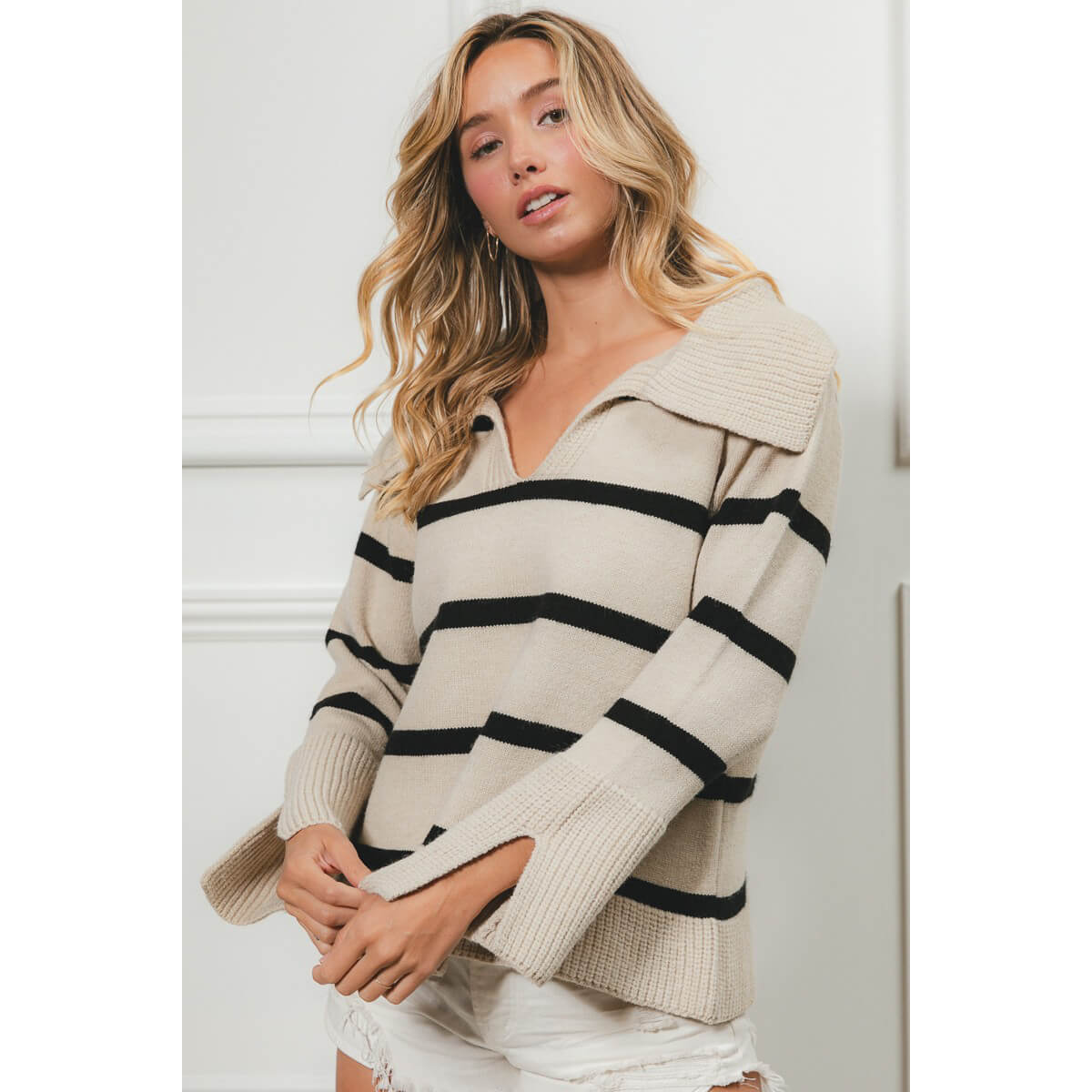 Striped Knit Collared V-Neck Top beige front | MILK MONEY milkmoney.co | cute tops for women. trendy tops for women. cute blouses for women. stylish tops for women. pretty womens tops.