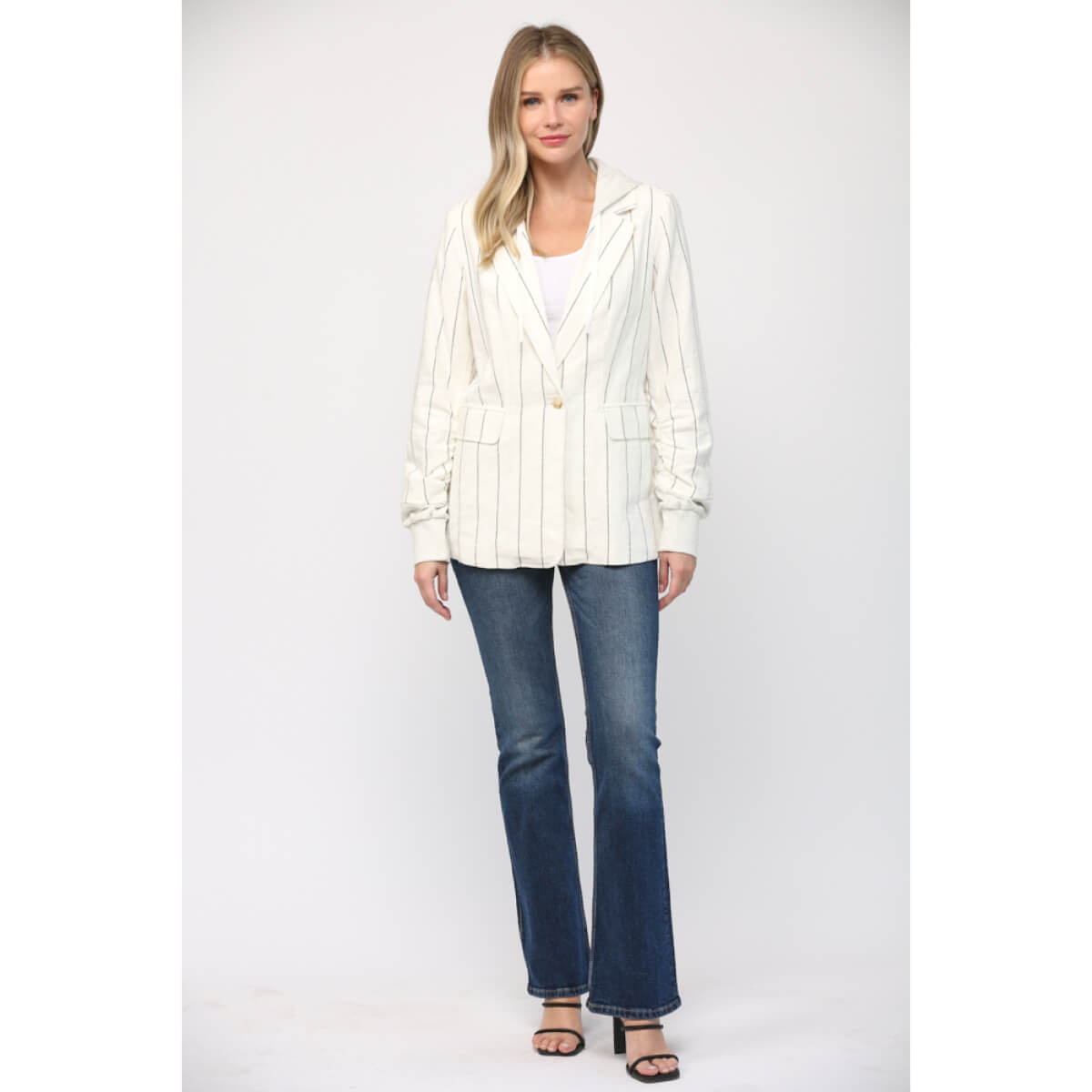 Striped Linen Hooded Blazer Jacket white front | MILK MONEY milkmoney.co | cute jackets for women. cute coats. cool jackets for women. stylish jackets for women. trendy jackets for women. trendy womens coats.