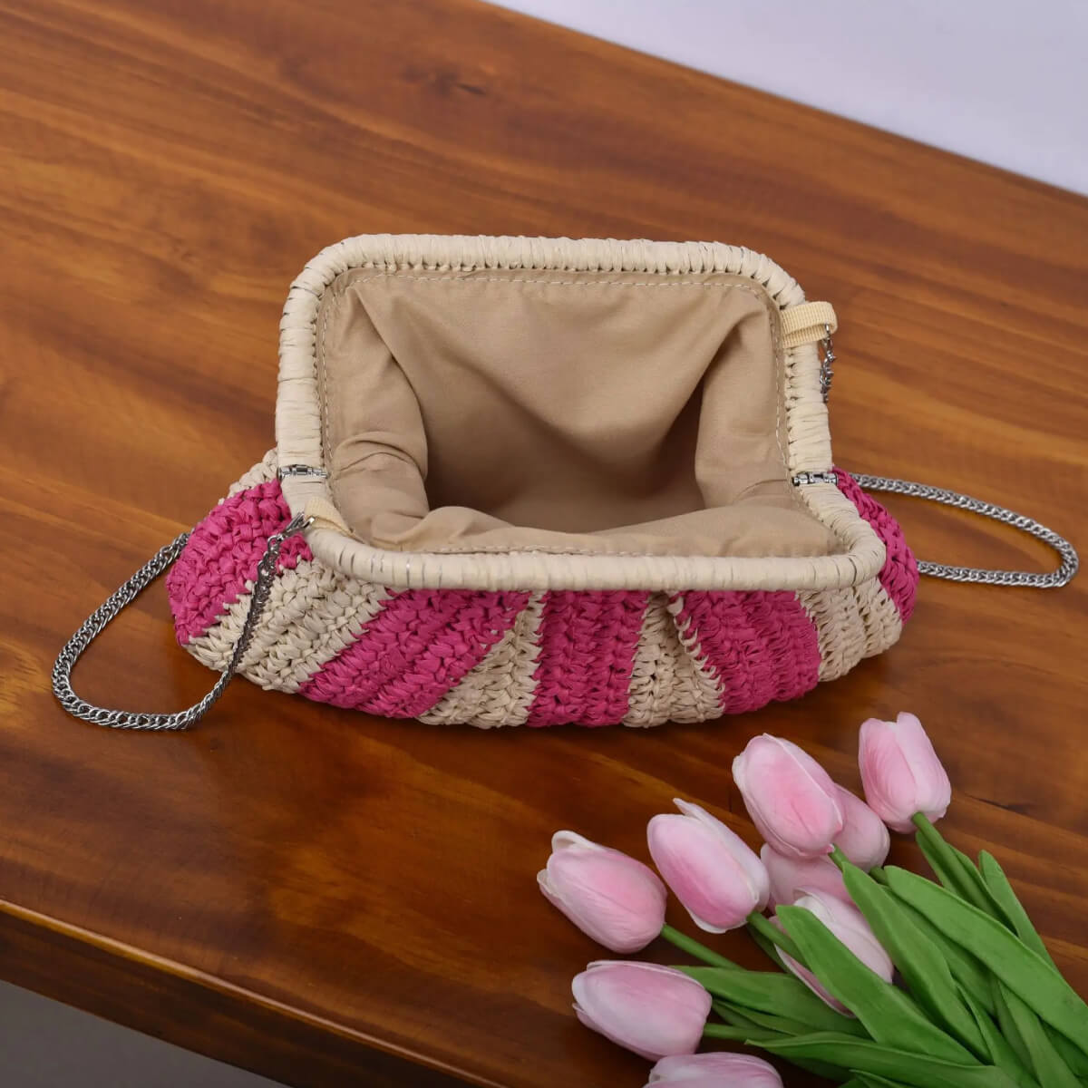 Striped Raffia Clutch Bag pink open | MILK MONEY milkmoney.co | women's accessories. cute accessories. trendy accessories. cute accessories for girls. ladies accessories. women's fashion accessories.