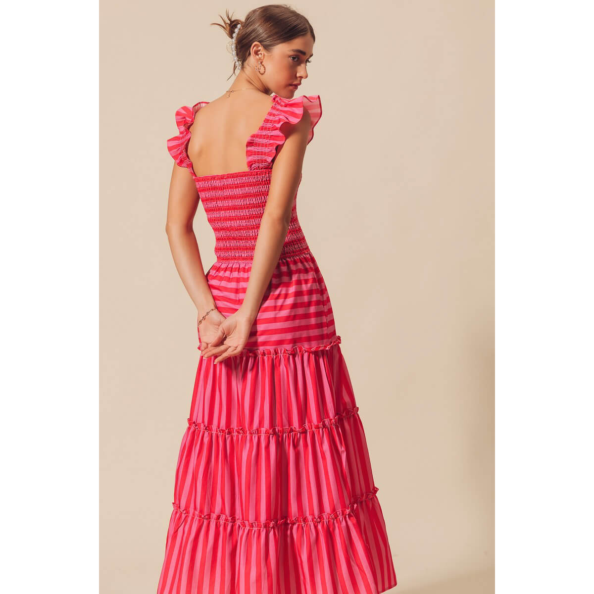 Striped Ruffle Maxi Dress pink red back | MILK MONEY milkmoney.co | cute clothes for women. womens online clothing. trendy online clothing stores. womens casual clothing online. trendy clothes online. trendy women's clothing online. ladies online clothing stores. trendy women's clothing stores. cute female clothes.