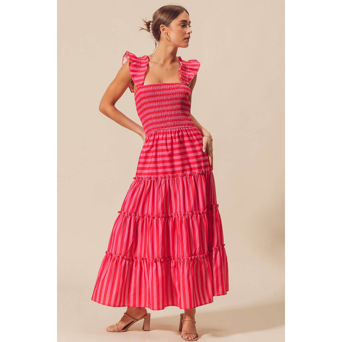 Striped Ruffle Maxi Dress pink red front | MILK MONEY milkmoney.co | cute clothes for women. womens online clothing. trendy online clothing stores. womens casual clothing online. trendy clothes online. trendy women's clothing online. ladies online clothing stores. trendy women's clothing stores. cute female clothes.
