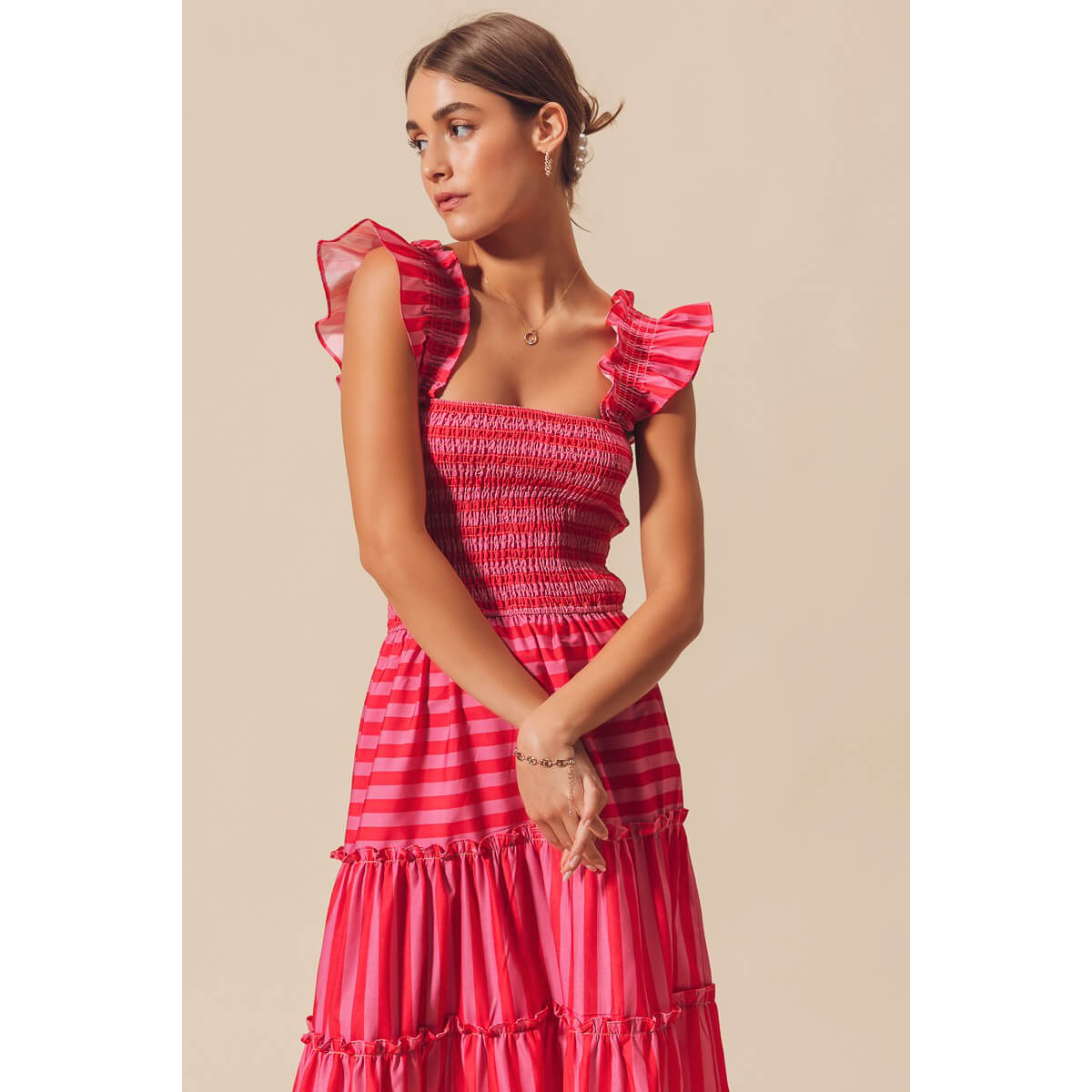 Striped Ruffle Maxi Dress pink red front | MILK MONEY milkmoney.co | cute clothes for women. womens online clothing. trendy online clothing stores. womens casual clothing online. trendy clothes online. trendy women's clothing online. ladies online clothing stores. trendy women's clothing stores. cute female clothes.