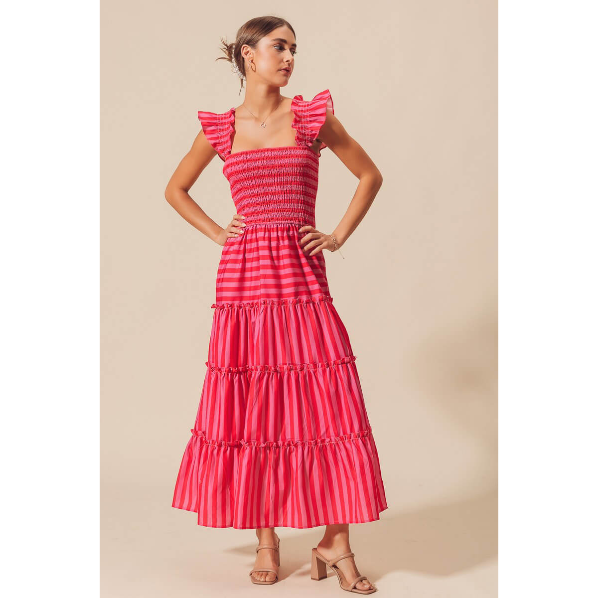 Striped Ruffle Maxi Dress pink red front | MILK MONEY milkmoney.co | cute clothes for women. womens online clothing. trendy online clothing stores. womens casual clothing online. trendy clothes online. trendy women's clothing online. ladies online clothing stores. trendy women's clothing stores. cute female clothes.