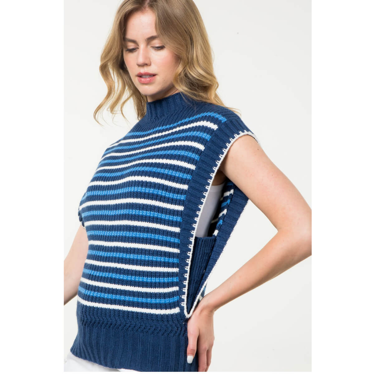 Striped Sleeveless Sweater blue side | MILK MONEY milkmoney.co | cute tops for women. trendy tops for women. cute blouses for women. stylish tops for women. pretty womens tops.