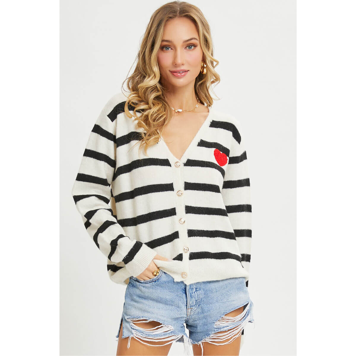 Stripped Cardigan Sweater with Heart Patch front | MILK MONEY milkmoney.co | cute clothes for women. womens online clothing. trendy online clothing stores. womens casual clothing online. trendy clothes online. trendy women's clothing online. ladies online clothing stores. trendy women's clothing stores. cute female clothes.