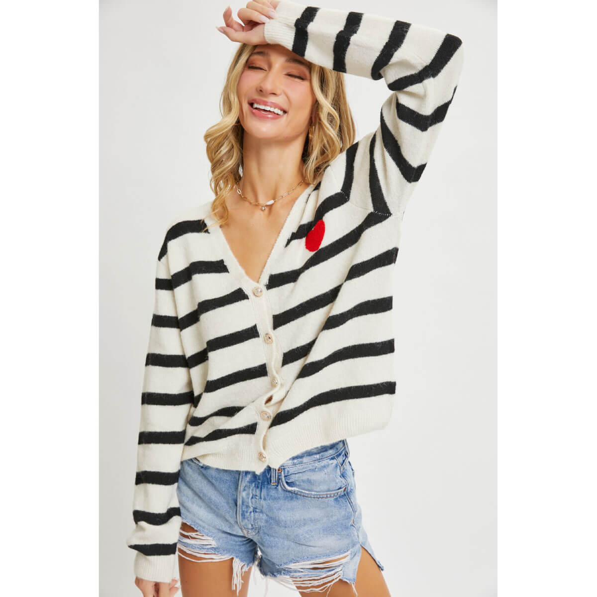 Stripped Cardigan Sweater with Heart Patch front | MILK MONEY milkmoney.co | cute clothes for women. womens online clothing. trendy online clothing stores. womens casual clothing online. trendy clothes online. trendy women's clothing online. ladies online clothing stores. trendy women's clothing stores. cute female clothes.