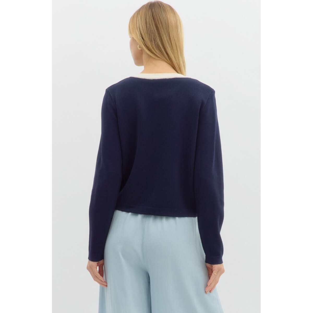 Sweater Knit Long Sleeve Cardigan blue back | MILK MONEY milkmoney.co | cute tops for women. trendy tops for women. cute blouses for women. stylish tops for women. pretty womens tops.