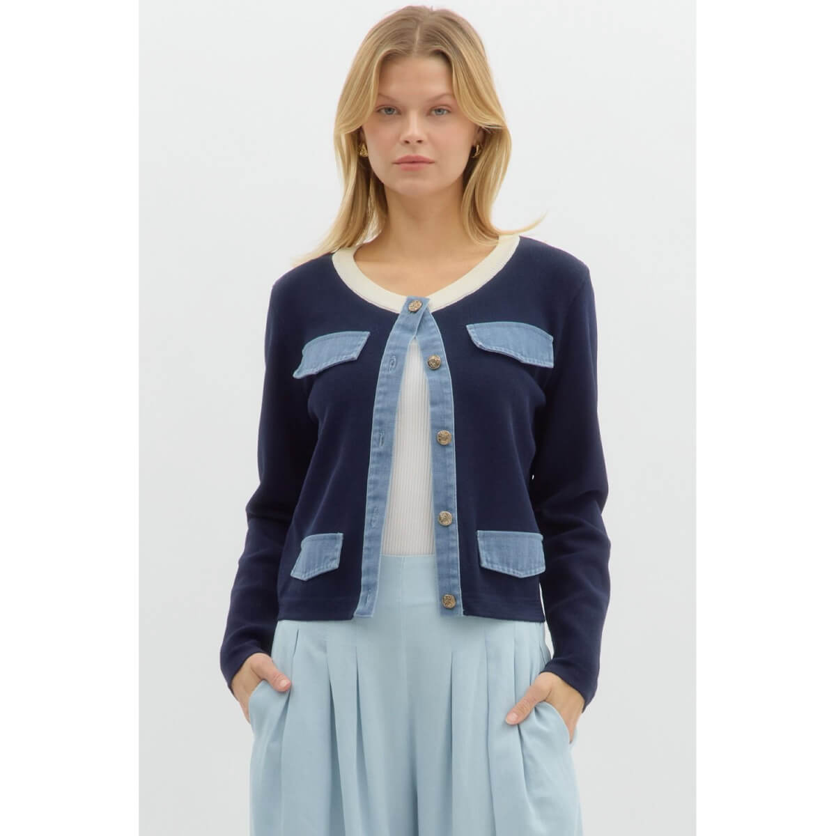 Sweater Knit Long Sleeve Cardigan blue front | MILK MONEY milkmoney.co | cute tops for women. trendy tops for women. cute blouses for women. stylish tops for women. pretty womens tops.