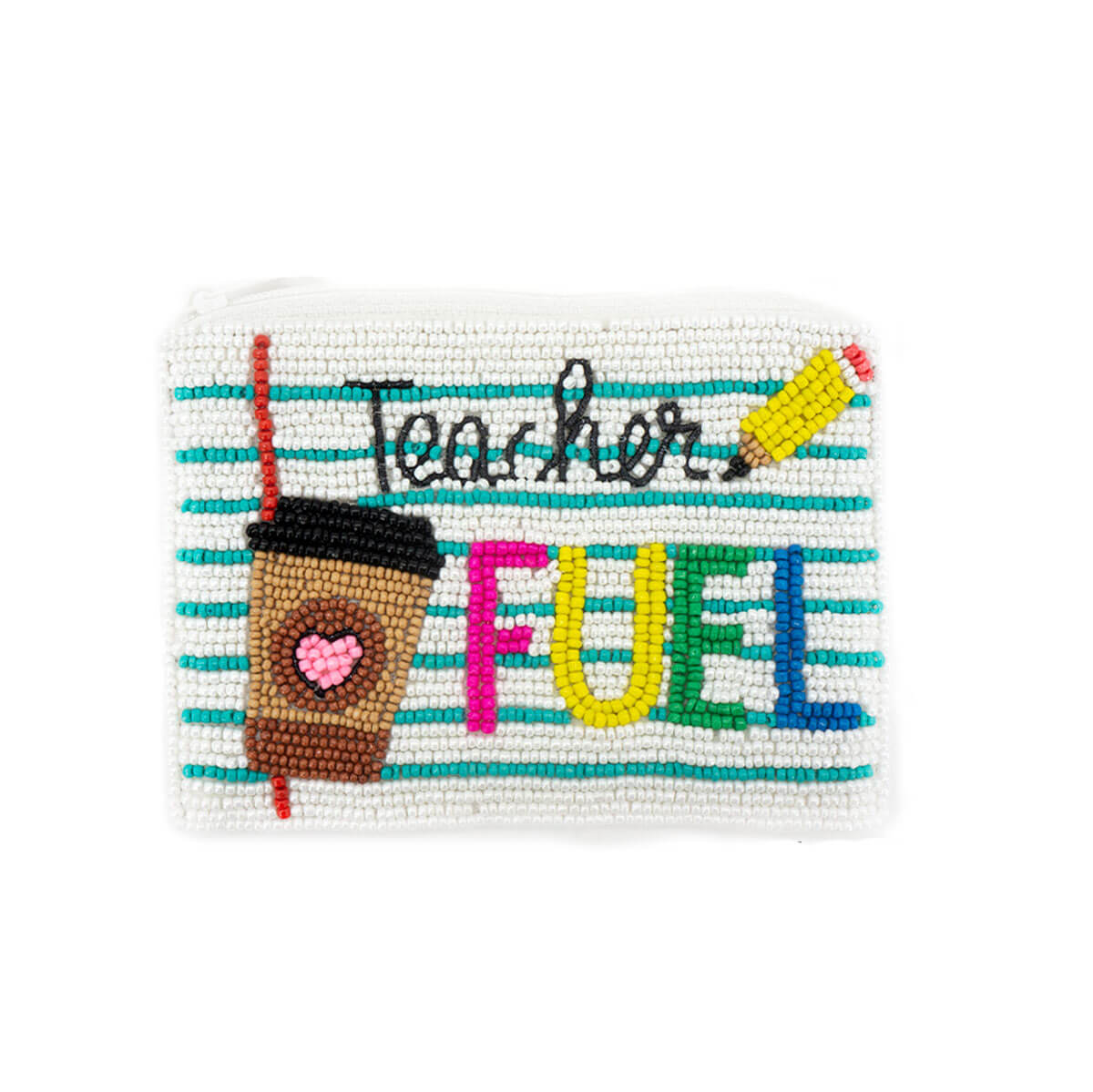 Teacher Fuel Beaded Coin Bag front white | MILK MONEY milkmoney.co | women's accessories. cute accessories. trendy accessories. cute accessories for girls. ladies accessories. women's fashion accessories.